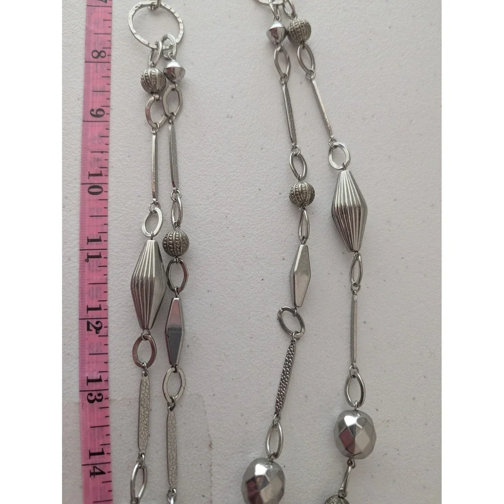 Unsigned Silver Tone Multi-Strand Long Geometric Beaded Layered Necklace 38 In